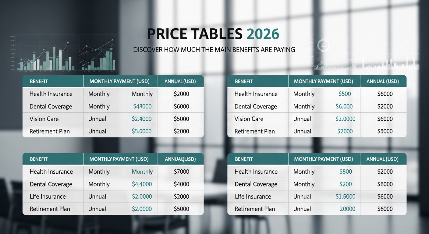 Tabela de valores 2026 mostrando os pagamentos mensais e anuais de benefícios como seguro saúde, cobertura dental, cuidados de visão e planos de aposentadoria.