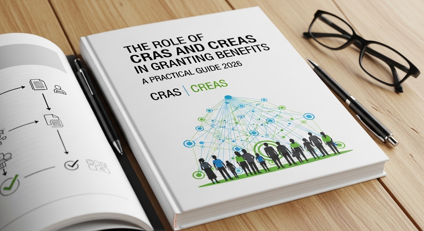 Capa do livro 'O Papel do CRAS e CREAS na Concessão de Benefícios: Guia Prático 2026', com infográficos representando conexões sociais e figuras humanas.