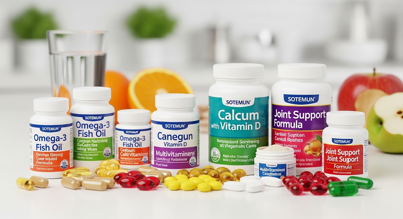 Vários frascos de suplementos alimentares em uma mesa, incluindo óleo de peixe ômega-3, cálcio com vitamina D e fórmula de suporte para articulações, ao lado de frutas frescas como laranja e maçã.