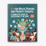 Capa de um guia sobre auxílio para catadores e grupos prioritários com ilustrações de pessoas e ícones relacionados a serviços e assistência social.