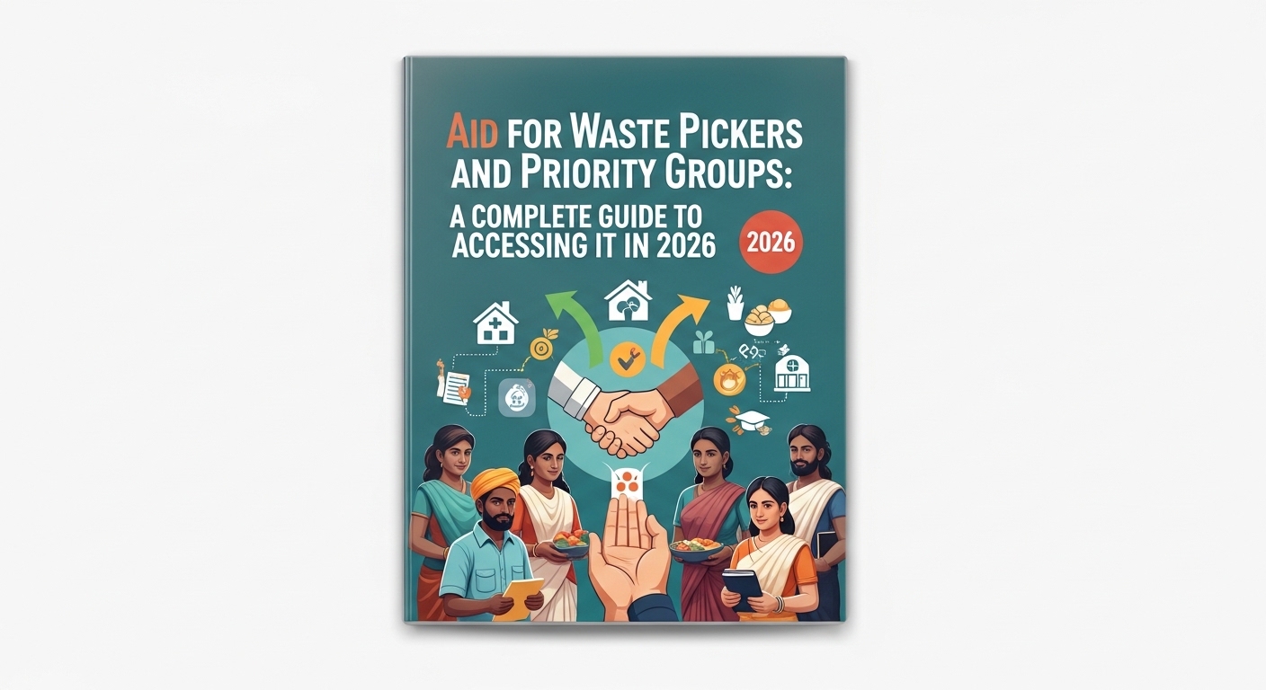 Capa de um guia sobre auxílio para catadores e grupos prioritários com ilustrações de pessoas e ícones relacionados a serviços e assistência social.