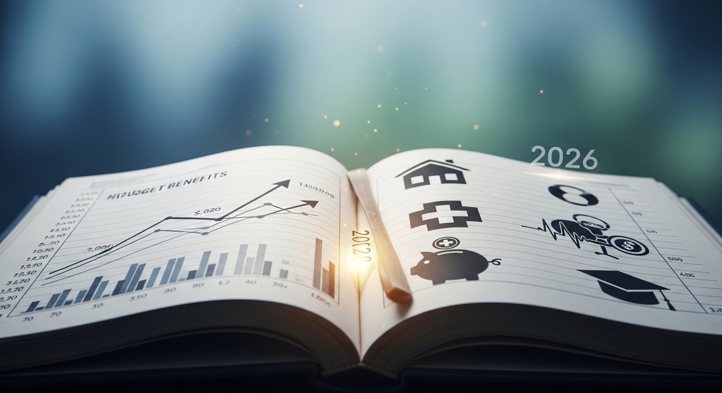 Imagem de um livro aberto com gráficos e ícones relacionados a benefícios orçamentários, representando anos de 2022 a 2026.
