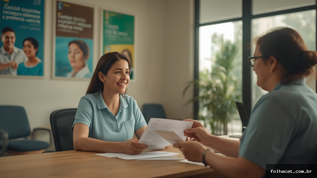 Assistente social atendendo mulher no CRAS para orientação sobre benefícios sociais definitivos