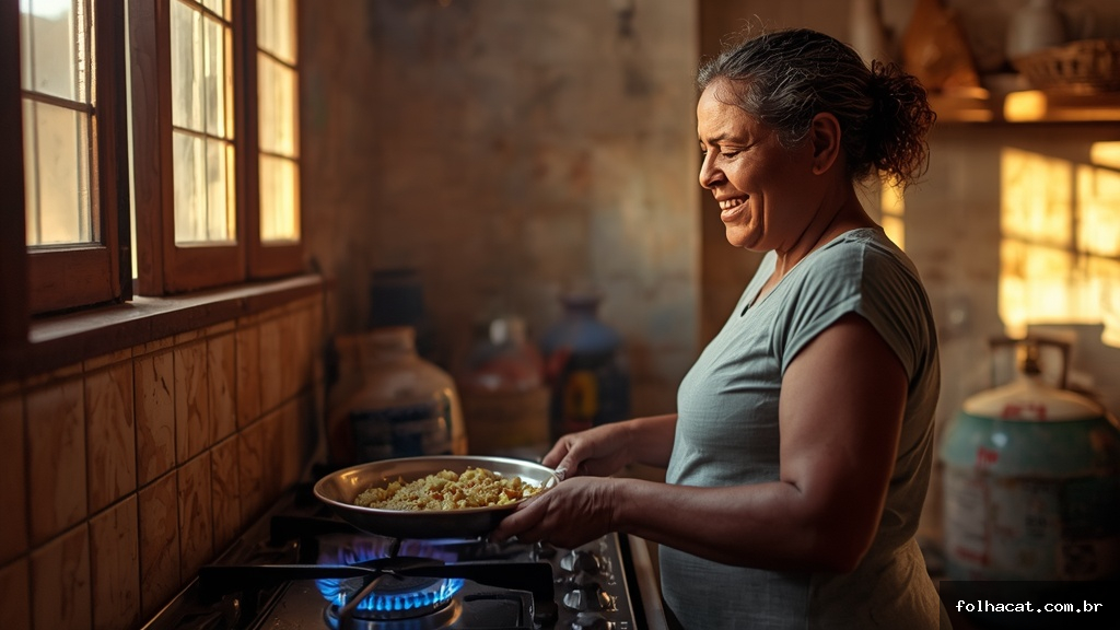 Mãe brasileira sorrindo enquanto cozinha em fogão a gás em sua cozinha humilde, com botijão de gás ao lado, representando o benefício do Auxílio Gás