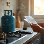 Cozinha brasileira com botijão de gás azul ao lado do fogão e mãos segurando contas e calculadora representando o benefício Auxílio Gás