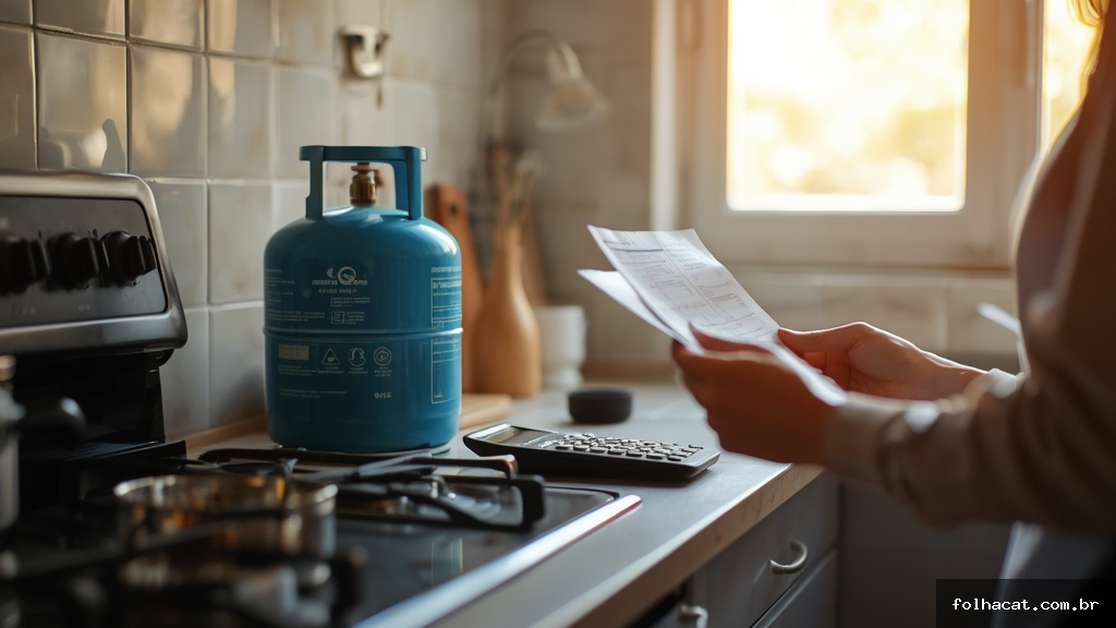Cozinha brasileira com botijão de gás azul ao lado do fogão e mãos segurando contas e calculadora representando o benefício Auxílio Gás