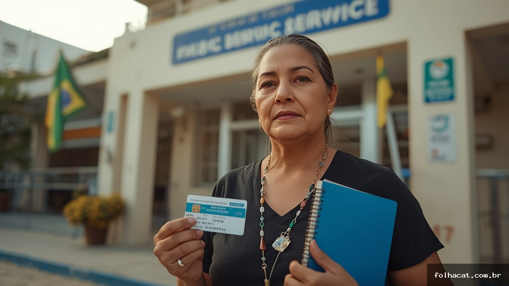 Mulher segurando cartão de benefício social em frente a prédio público no Rio de Janeiro representando o programa Renda Cidadã
