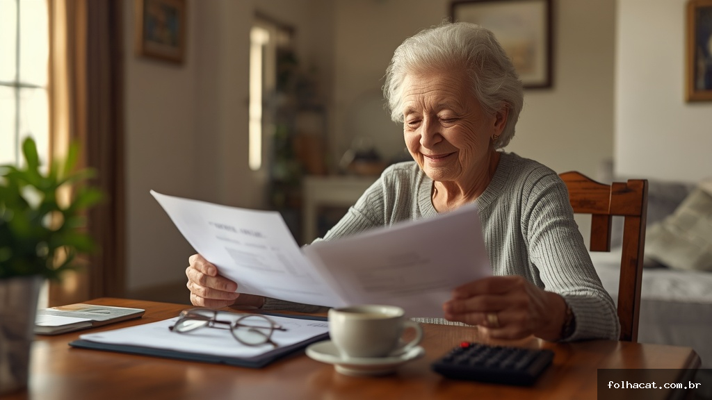Idosa brasileira sorrindo enquanto revisa documentos do Benefício de Prestação Continuada em sua casa