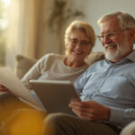 Casal de idosos acima de 60 anos sorrindo enquanto analisam documentos e benefícios em um tablet na sala de casa
