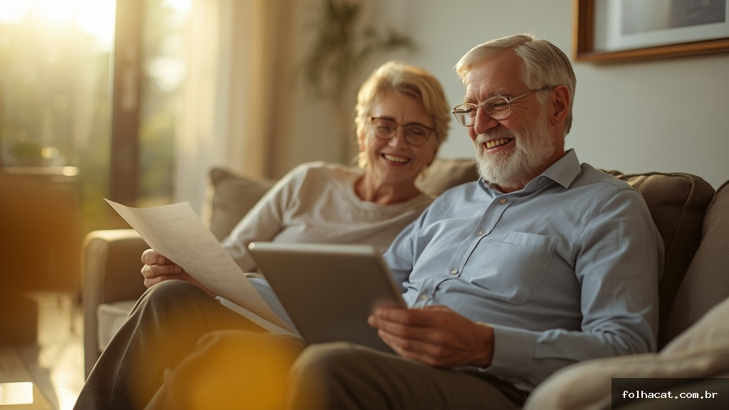 Casal de idosos acima de 60 anos sorrindo enquanto analisam documentos e benefícios em um tablet na sala de casa