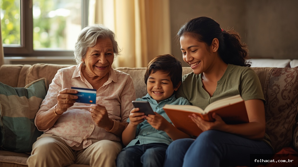 Família brasileira de três gerações em sala de estar recebendo benefícios sociais do governo através de cartão e aplicativo bancário