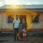 Família brasileira em frente à sua casa com mapa do Brasil ao fundo destacando estados beneficiários do Bolsa Família 2026