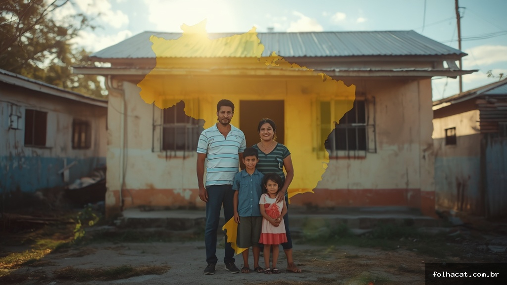 Família brasileira em frente à sua casa com mapa do Brasil ao fundo destacando estados beneficiários do Bolsa Família 2026