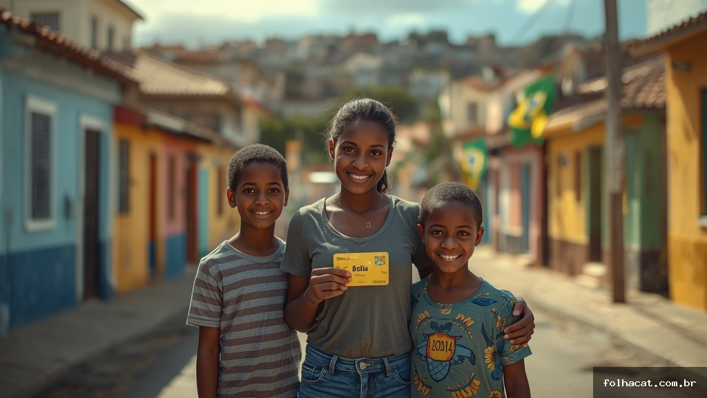 Família brasileira segurando cartão do Bolsa Família em rua de capital com casas coloridas ao fundo