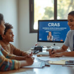 Família brasileira sendo atendida por assistente social no CRAS durante cadastro para receber benefícios do governo