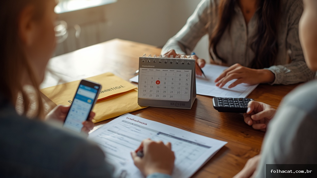 Família brasileira analisando calendário de pagamentos do Bolsa Família 2026 sobre a mesa com celular e documentos
