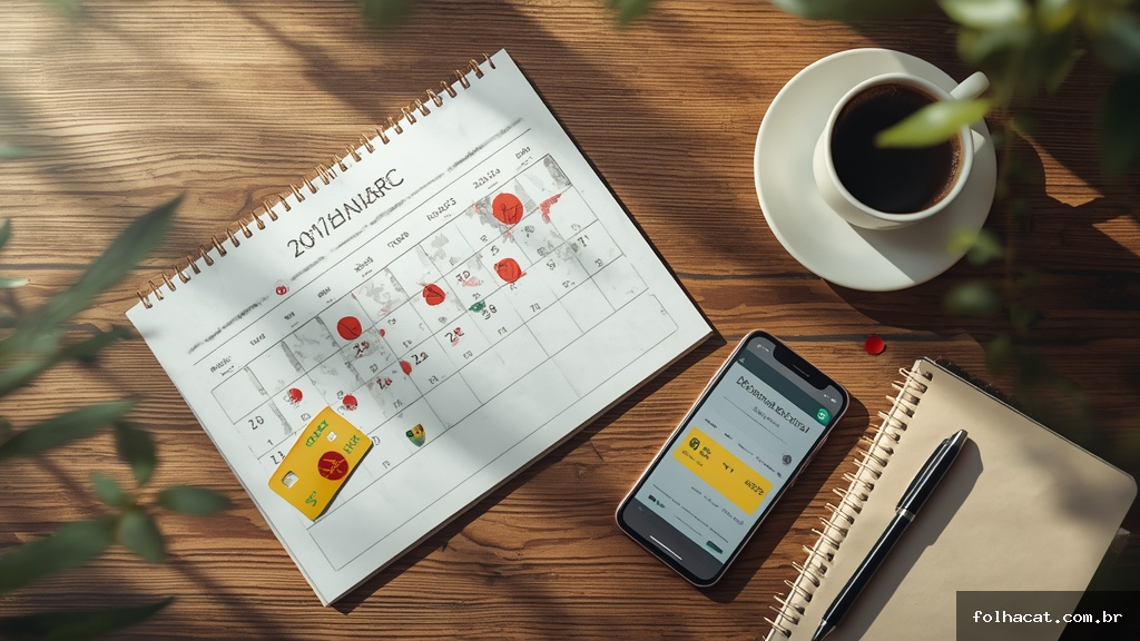 Calendário mensal sobre mesa de madeira com datas marcadas em vermelho, cartão bancário e celular mostrando aplicativo de pagamento do Bolsa Família