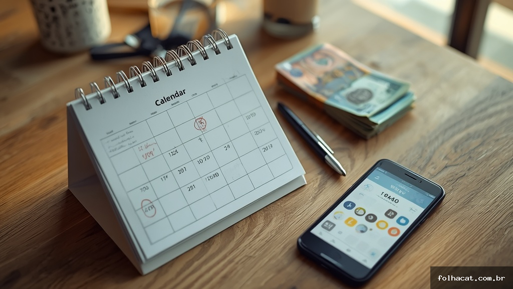 Calendário sobre mesa com datas marcadas, dinheiro em reais e calculadora representando pagamentos de benefícios da prefeitura