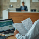 Cidadão brasileiro preenchendo formulário de solicitação de auxílio na prefeitura com documentos e laptop sobre a mesa