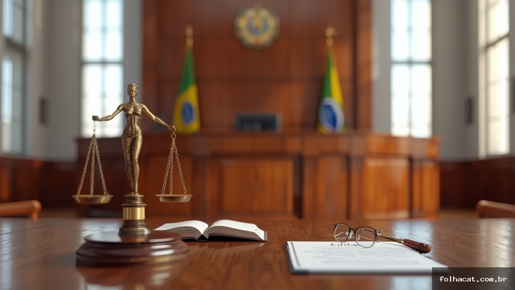 Mesa de tribunal com martelo, balança da justiça e edital do concurso TJ-CE em ambiente judiciário