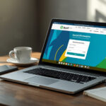 Pessoa consultando benefícios sociais em um laptop sobre mesa de madeira com celular e caderno ao lado