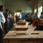 Eleitores haitianos votando em local de votação com seguranças armados garantindo a ordem durante as eleições gerais de 2026 no Haiti
