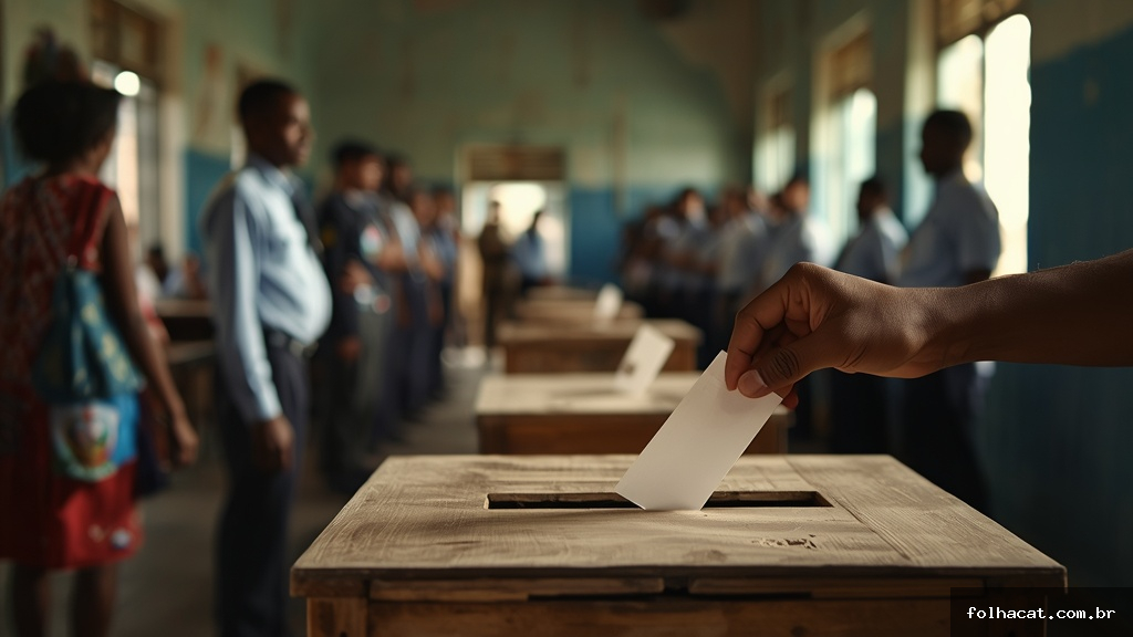 Eleitores haitianos votando em local de votação com seguranças armados garantindo a ordem durante as eleições gerais de 2026 no Haiti