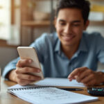 Jovem estudante brasileiro sorrindo enquanto acessa aplicativo bancário ao lado de um pote com moedas e notas de real, simbolizando o benefício Pé de Meia