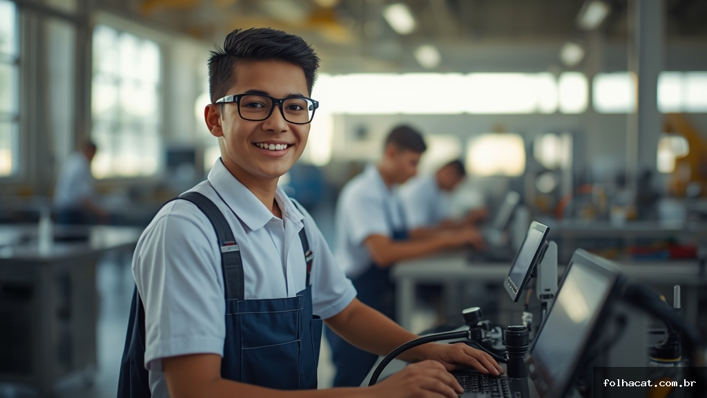 Jovem estudante do SENAI em uniforme realizando atividade prática em oficina técnica moderna durante curso profissionalizante com bolsa remunerada