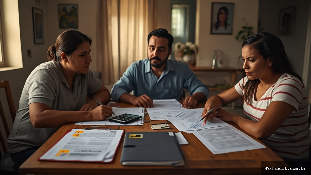 Família de baixa renda analisando documentos e formulários para solicitar o auxílio municipal em uma mesa de cozinha