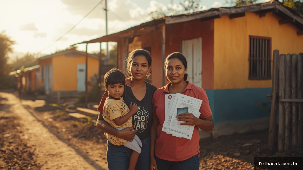 Família brasileira em frente a casa simples segurando cartão do Bolsa Família e documentos do Cadastro Único em cidade do interior