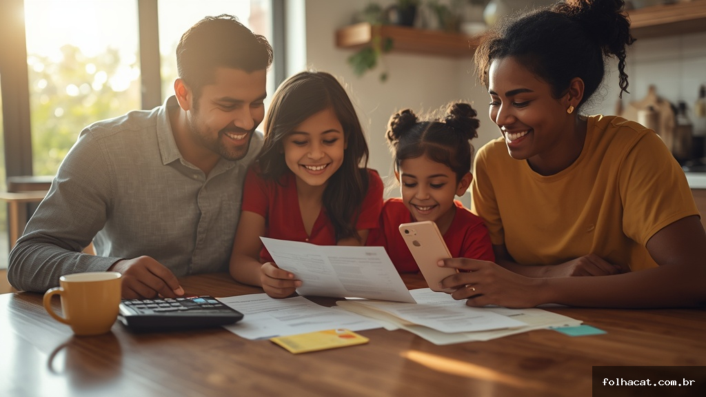 Família brasileira reunida à mesa analisando documentos e celular com aplicativo do Bolsa Família 2026