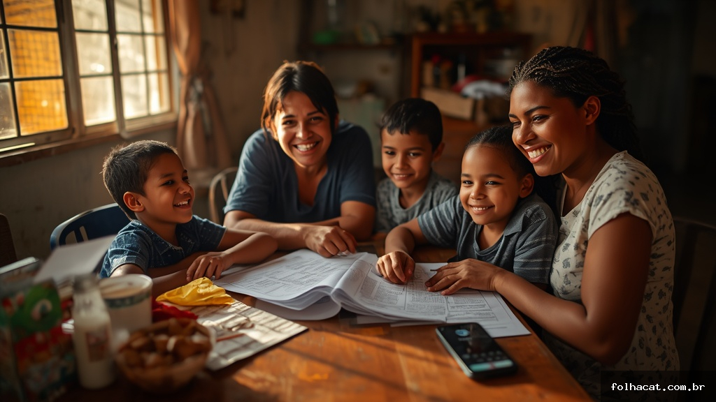 Família brasileira de baixa renda sorrindo na cozinha com alimentos, documentos e cartão de benefícios sociais sobre a mesa