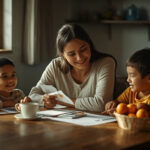 Mãe e dois filhos analisando documentos do Cadastro Único em uma cozinha simples e iluminada
