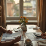 Família brasileira analisando documentos e cartão de benefícios sociais sobre a mesa em casa simples