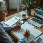 Pessoa idosa sentada à mesa revisando documentos e formulários do Benefício de Prestação Continuada com calculadora e notebook
