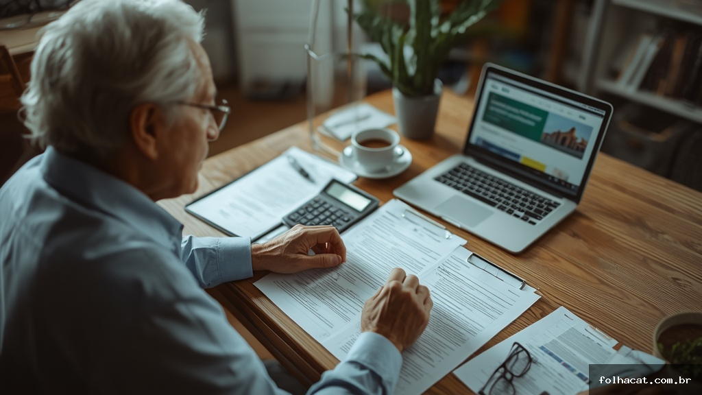Pessoa idosa sentada à mesa revisando documentos e formulários do Benefício de Prestação Continuada com calculadora e notebook