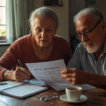 Casal de idosos brasileiros analisando documentos e cartão de benefício social sentados à mesa de casa