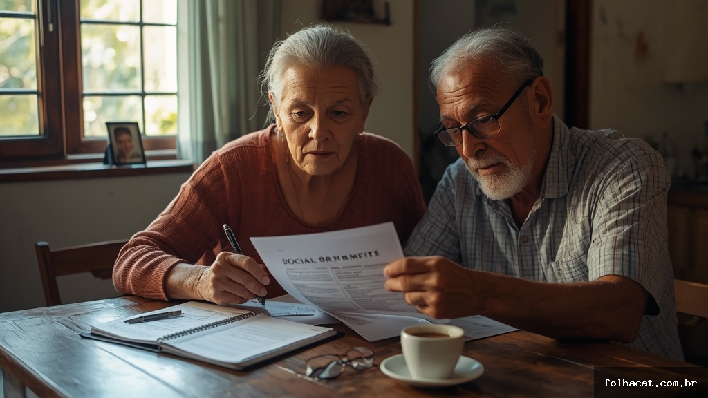 Casal de idosos brasileiros analisando documentos e cartão de benefício social sentados à mesa de casa