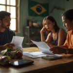 Família brasileira em casa analisando contas e cartão de benefício social do governo federal sobre a mesa com dinheiro e compras