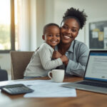 Mãe solteira sorrindo abraçada ao filho enquanto consulta benefícios e recursos financeiros no laptop sobre a mesa