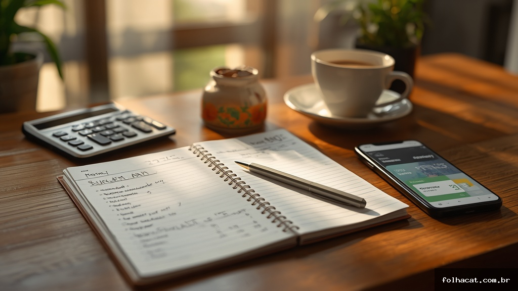 Mesa organizada com caderno de orçamento, calculadora, moedas brasileiras e celular mostrando aplicativo bancário, representando planejamento financeiro com benefício social
