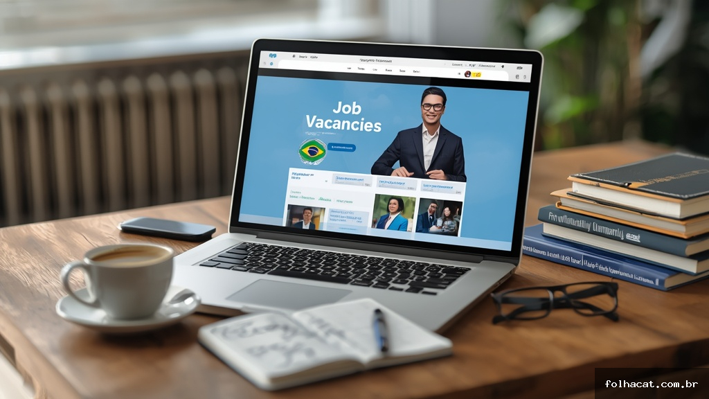 Mesa de estudos com laptop mostrando site de concursos públicos e livros de preparação para vagas com salários de até 13 mil reais