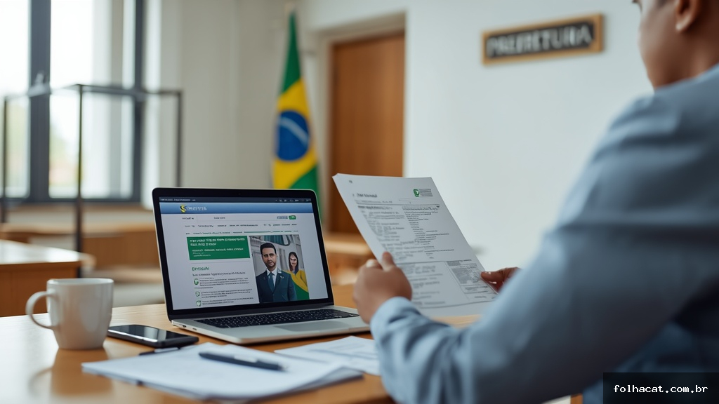 Cidadão preenchendo formulário e acessando portal da prefeitura para solicitar benefício municipal